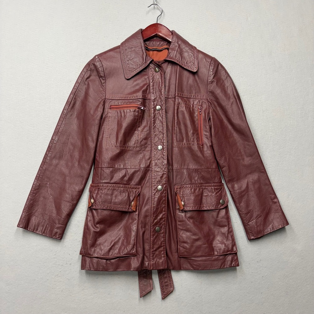 Sears JR Bazaar Leather Jacket Womens Burgundy 70s Vintage Safari Belted J58